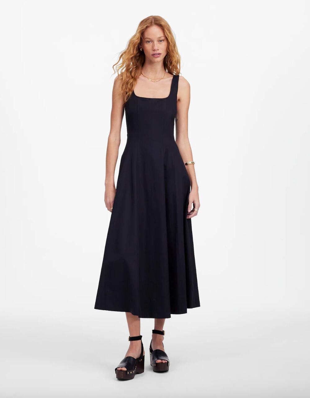 Madewell Seamed Squareneck Midi Dress Minimalist Jet Black Classic US 0 NWT